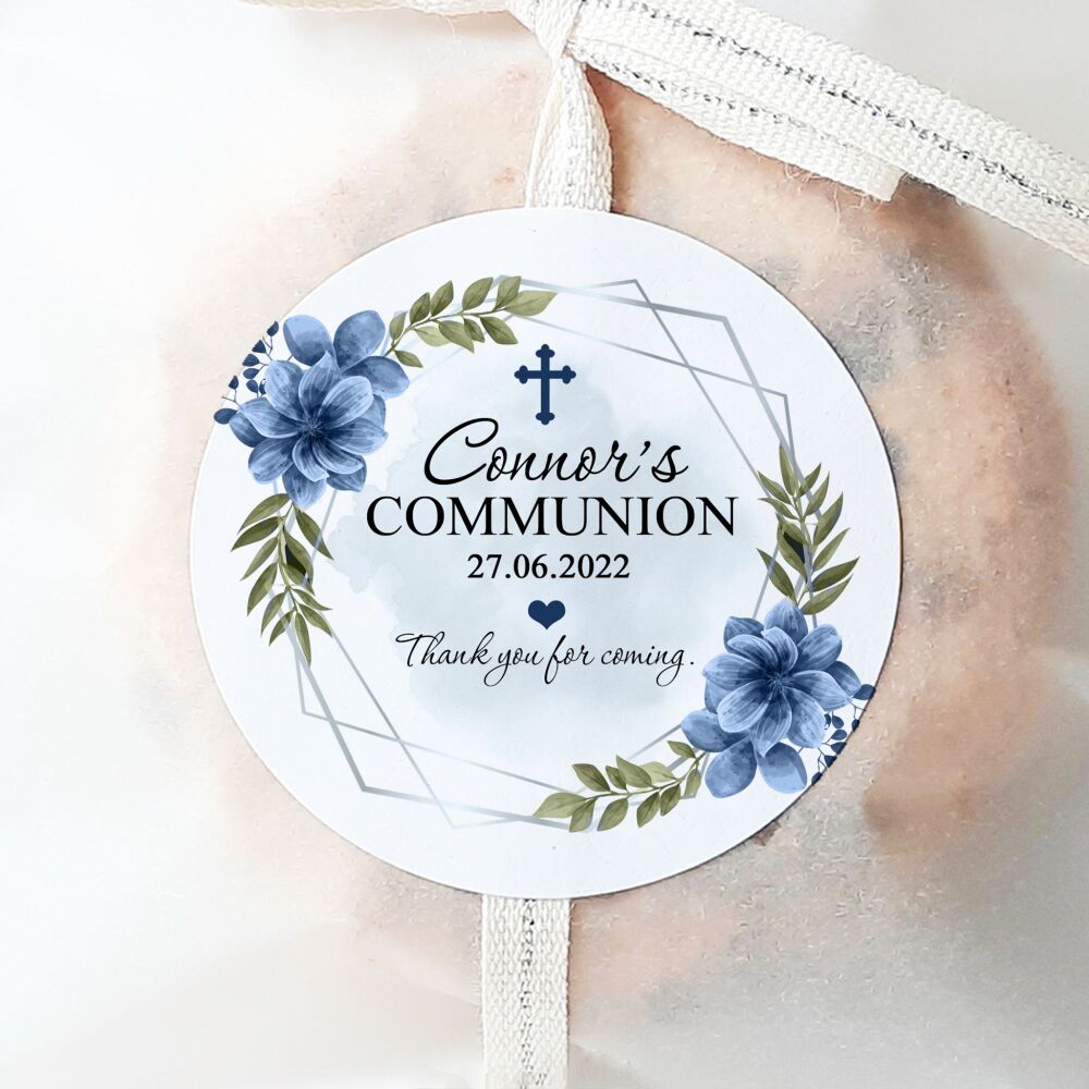Personalised Stickers Holy Communion Boys Blue Cross Floral Frame