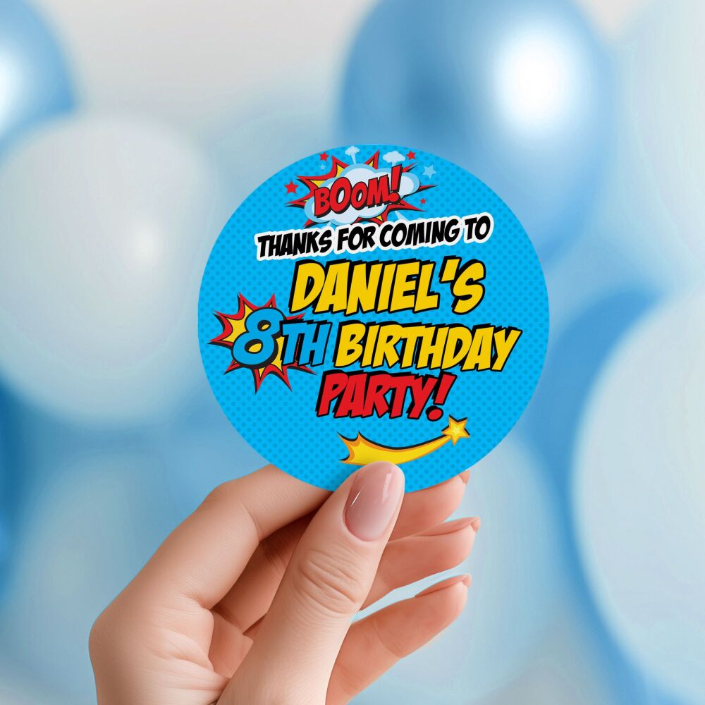 Superhero Party Stickers Personalised Comic Theme Birthday Party Labels