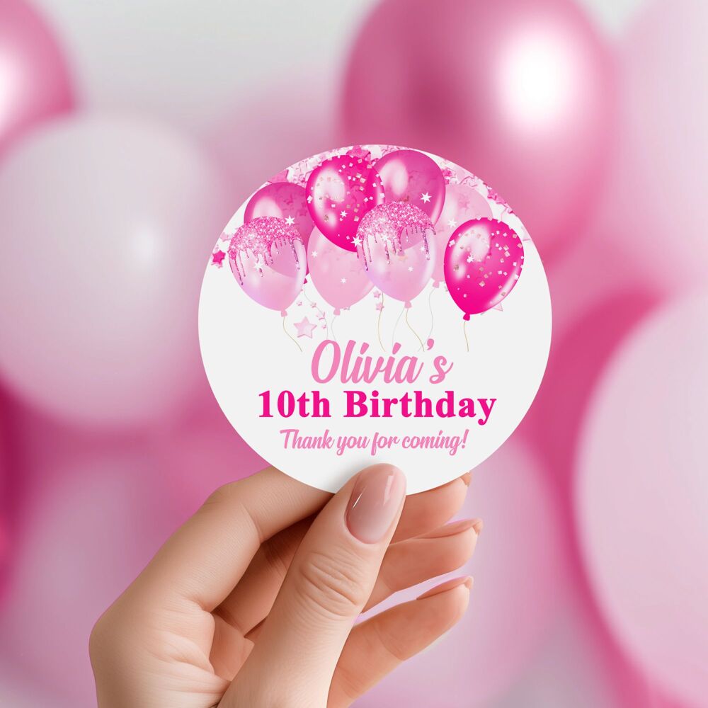 Personalised Stickers Birthday Party Bag Labels Hot Pink Balloons