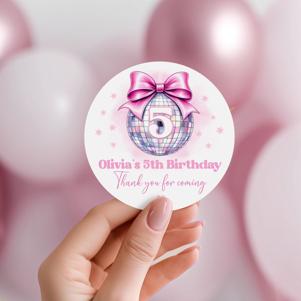 Pink Disco Ball Bow Birthday Party Stickers