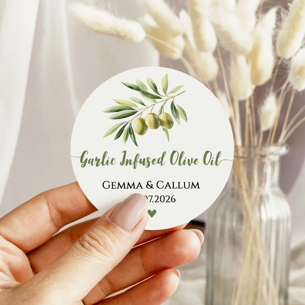Olive Oil Wedding Favours Stickers Personalised A4 Sheet x1