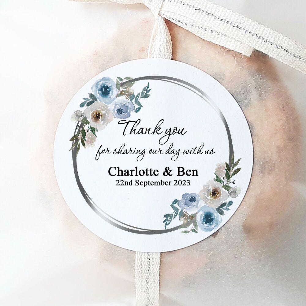 Personalised Wedding Stickers  Vintage Blue Floral Silver Frame