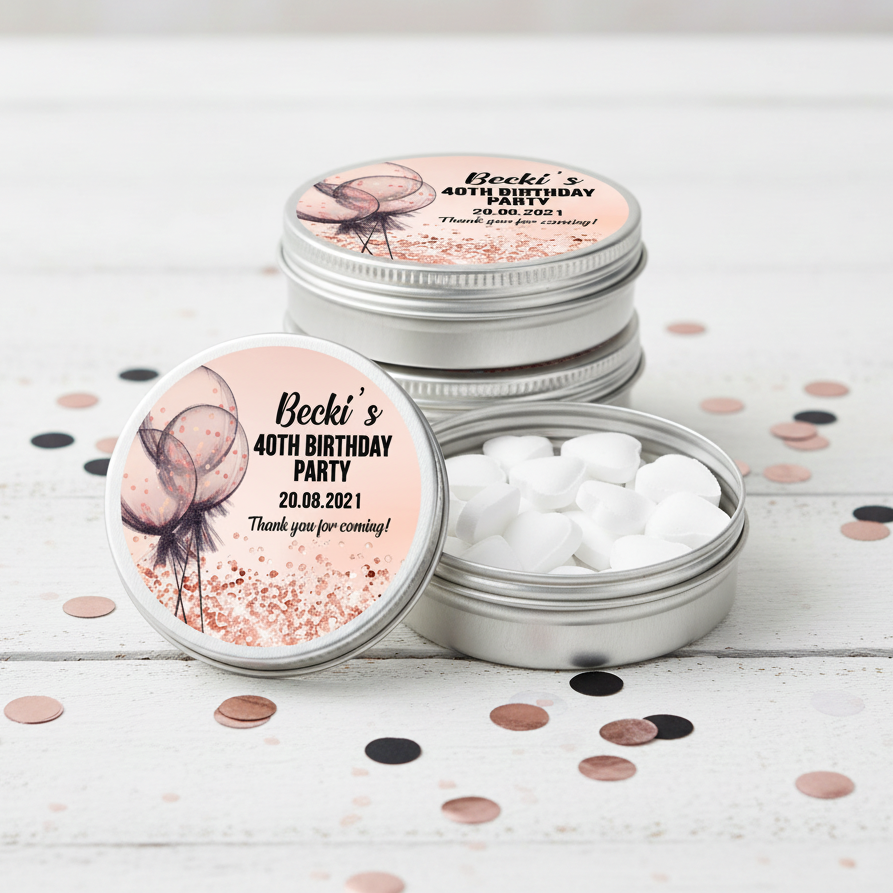 Birthday Party Favours Tins Rose Gold Confetti Balloons x1
