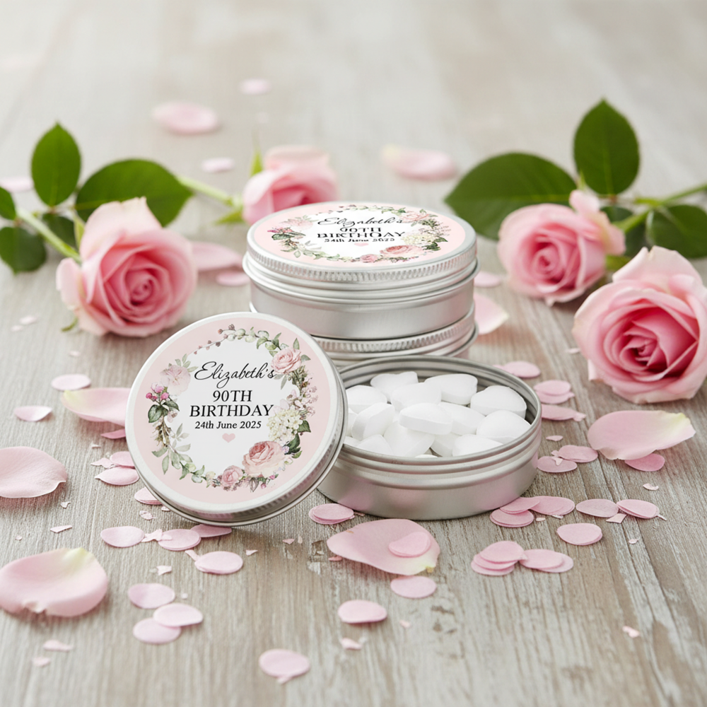 Personalised party favours mint tins pink roses wreath.