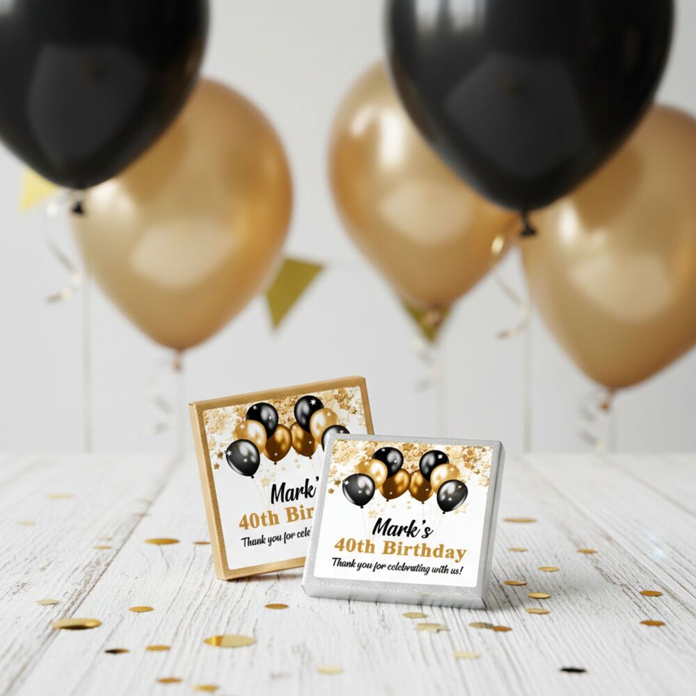 Gold and Black Balloons Birthday Personalised Chocolates x10