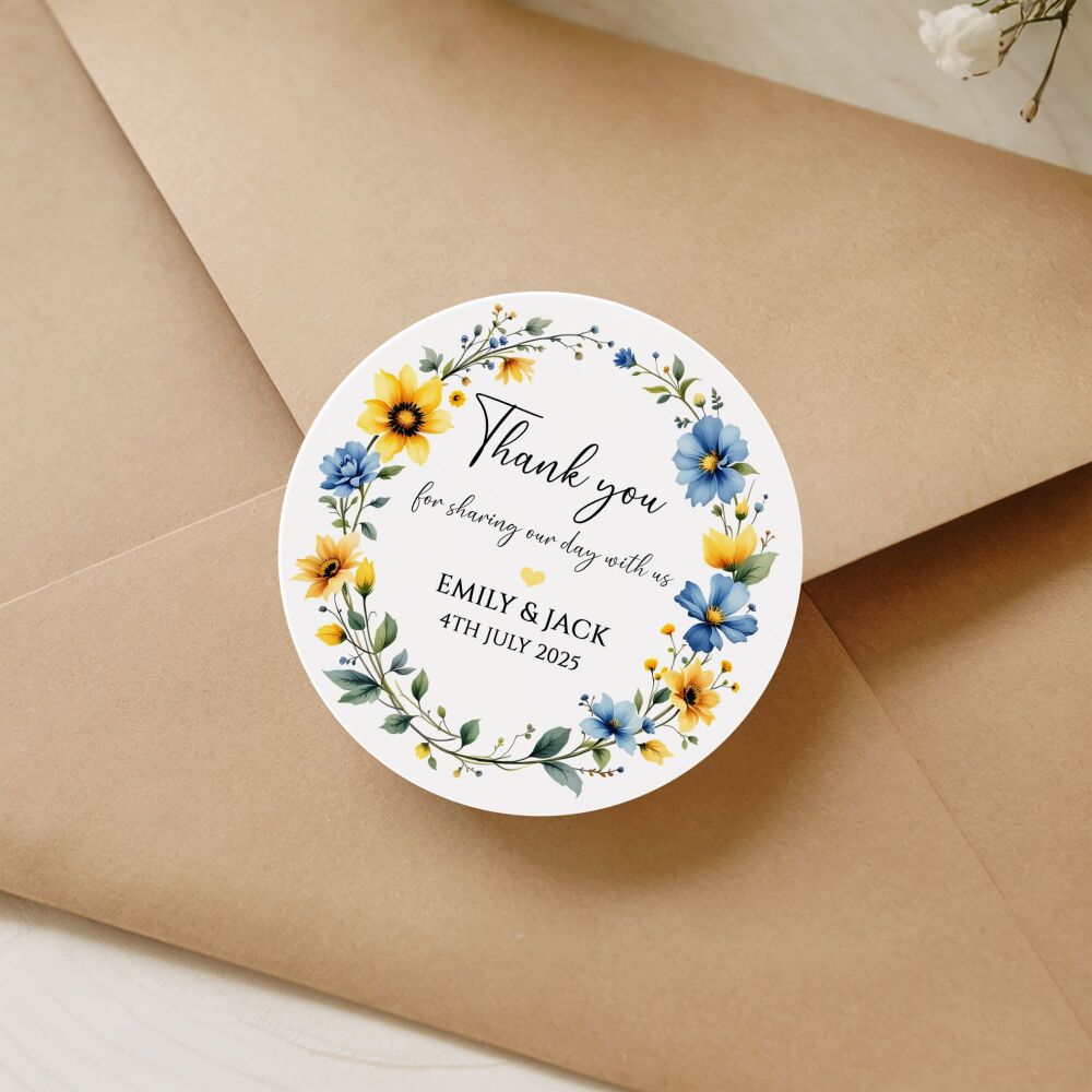 Thank You Wedding Stickers Yellow Blue Flowers Wreath