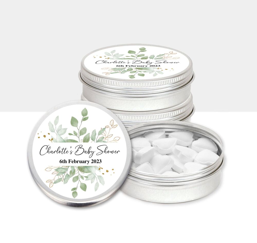 Botanicals Gold Leaf Baby Shower Party Favours Mints Tins x1