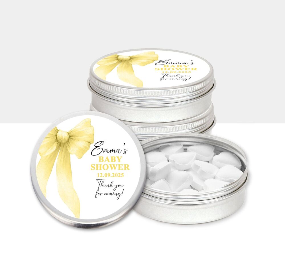 Yellow Bow Baby Shower Party Favours Tins x1