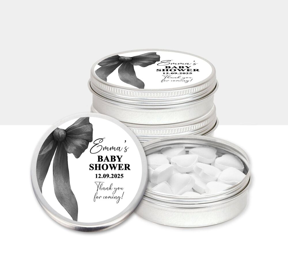 Black Bow Baby Shower Party Favours Tins x1