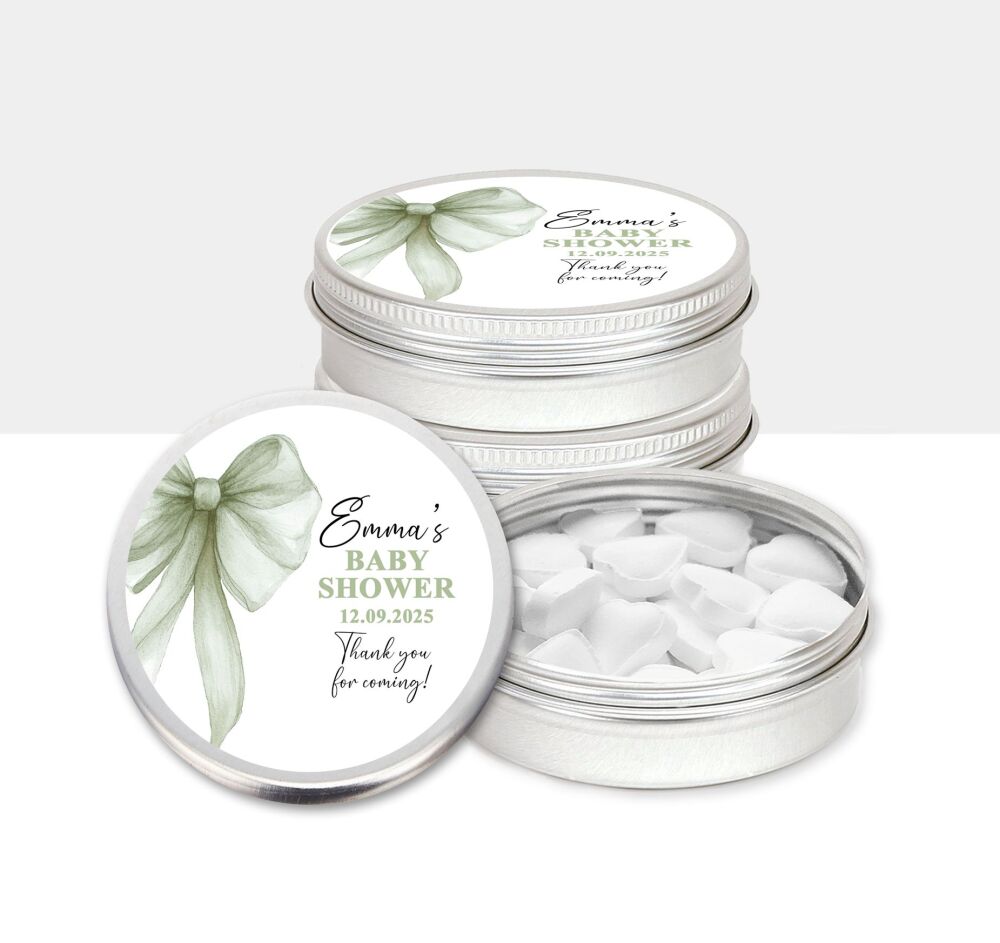Sage Green Bow Baby Shower Party Favours Tins x1