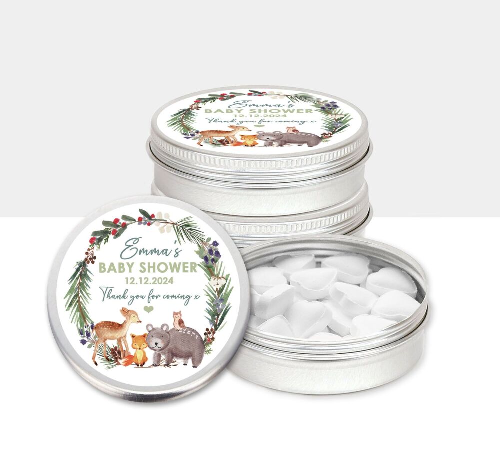 Woodland Animals Baby Shower Party Favours Tins x1