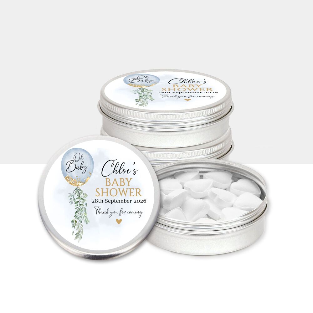 Oh Baby Blue Balloon Baby Shower Party Favours Tins x1
