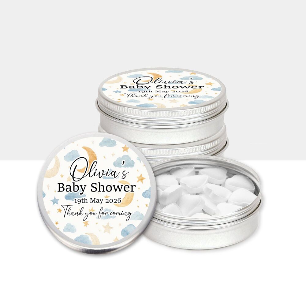 Moons Clouds Stars Personalised Baby Shower Party Favours Mints Tins.