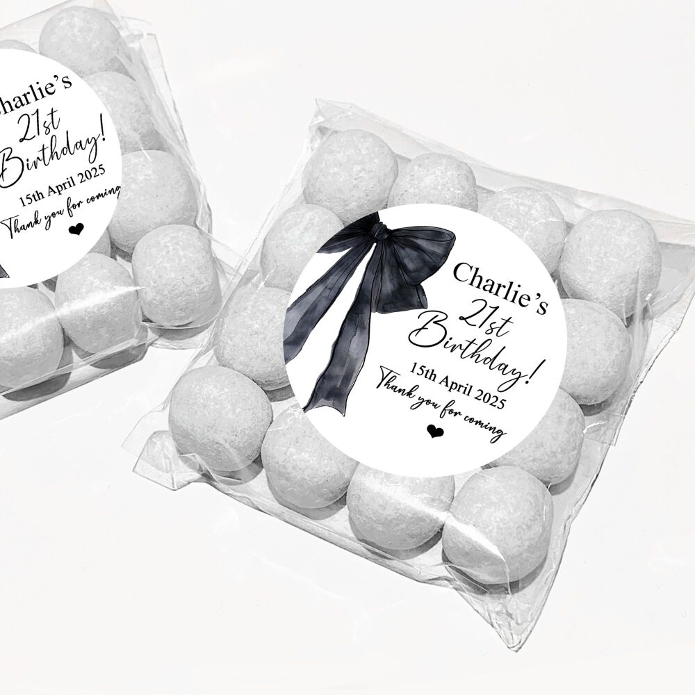 Black Bow Birthday Party Favours Sweet Bags & Stickers Kits x12
