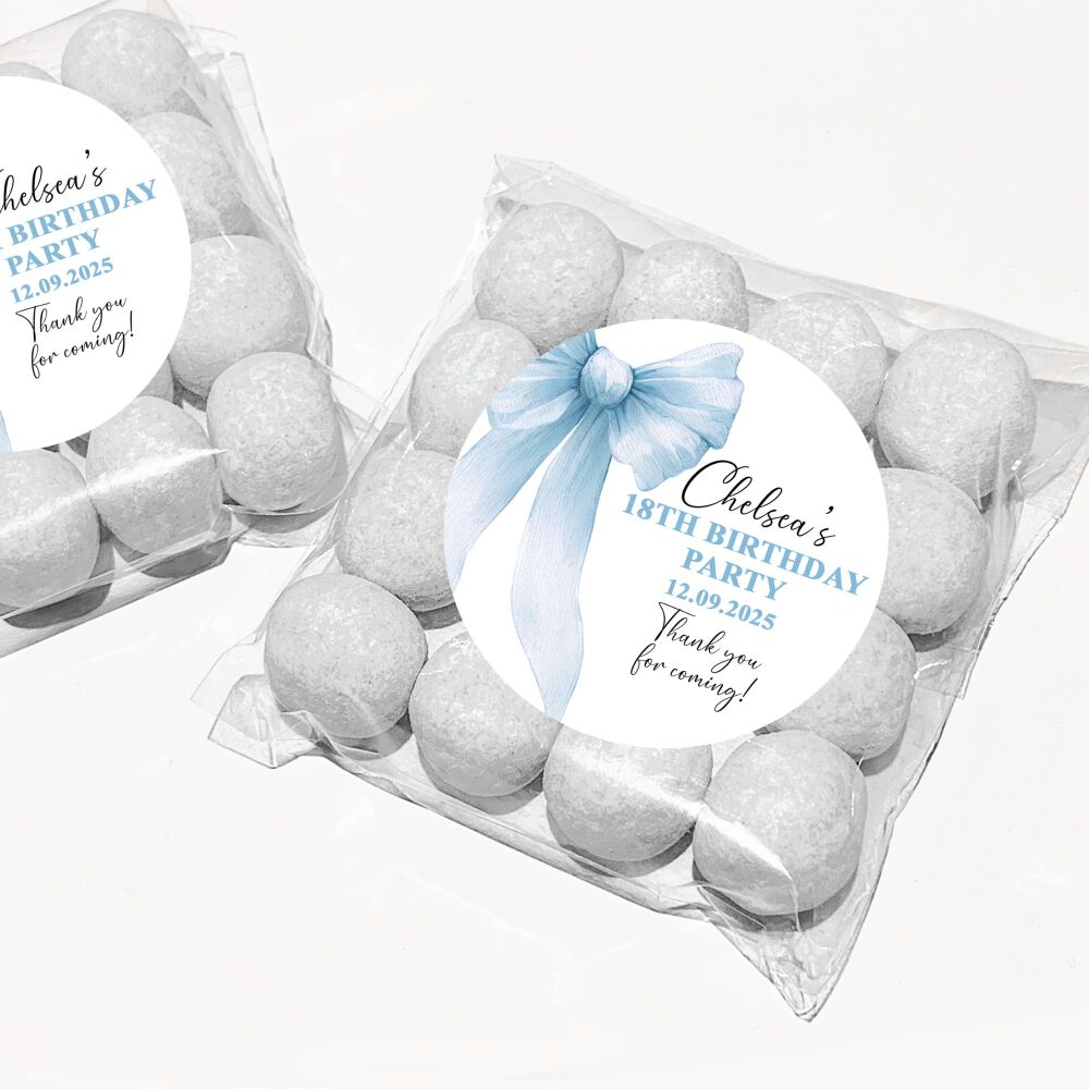 Blue Bow Birthday Party Favours Sweet Bags & Stickers Kits x12