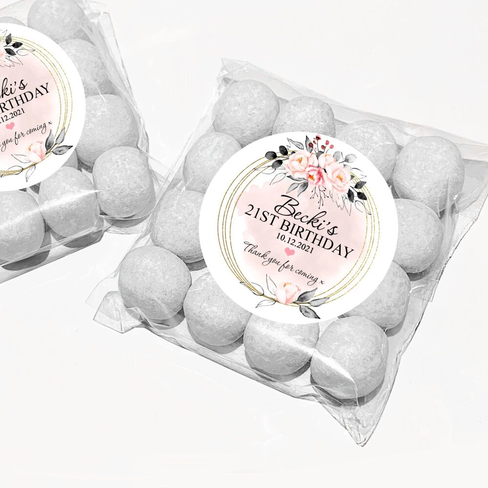 Blush Pink Grey Flowers Birthday Party Favours Sweet Bags & Stickers Kits x12