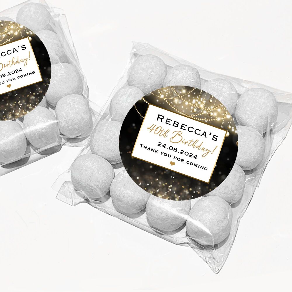 Black & Gold Bokeh Lights Birthday Party Favours Sweet Bags & Stickers Kits x12