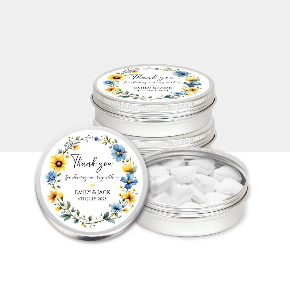 Personalised Wedding Favours Mint Tins Yellow and Blue Floral Wreath x1