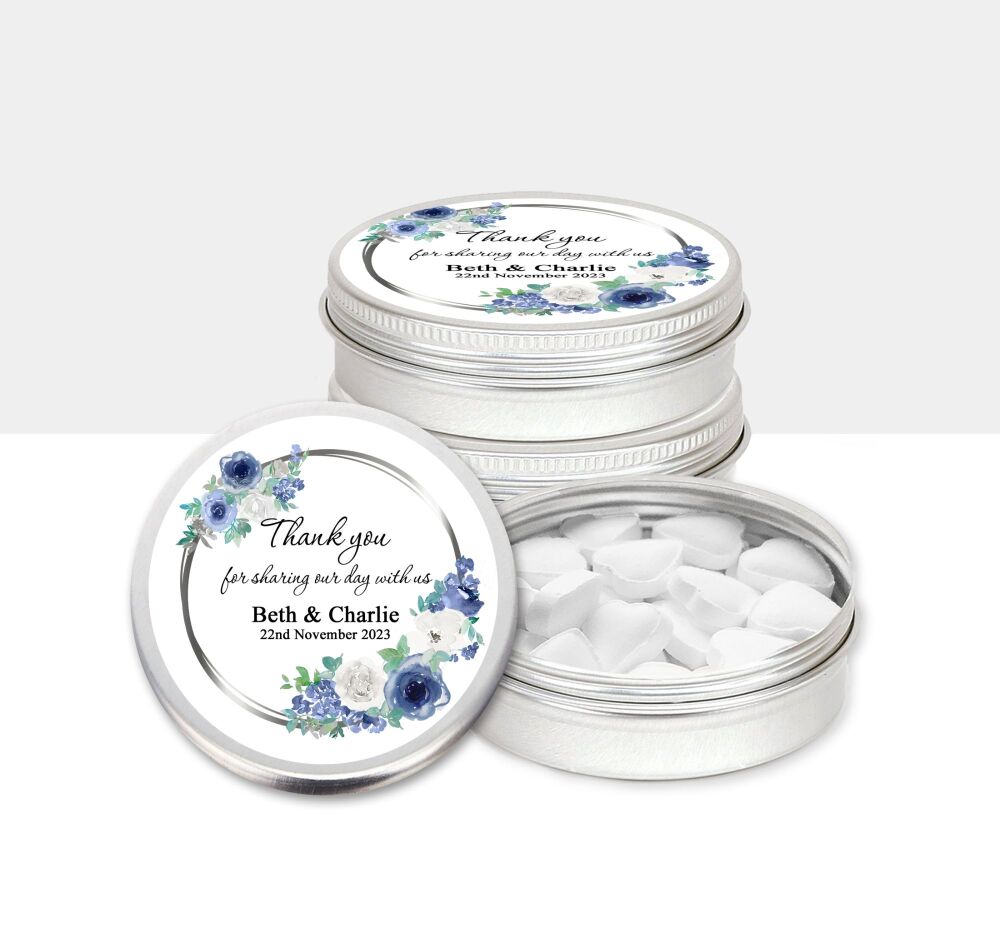Personalised Wedding Favours Mint Tins Blue and White Flowers x1