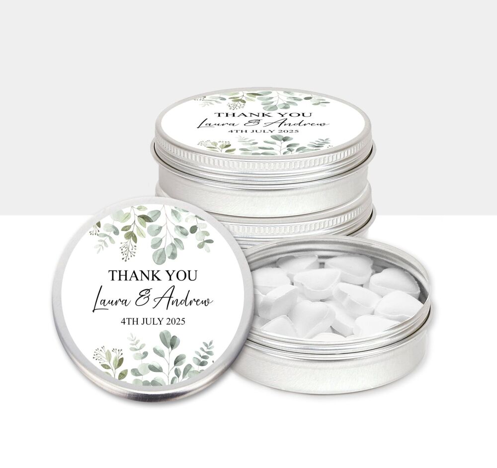 Personalised Wedding Favours Mint Tins Leaves Borders x1
