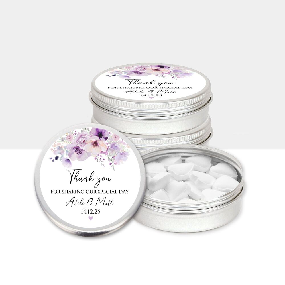Personalised Wedding Favours Mint Tins Lilac Flowers x1