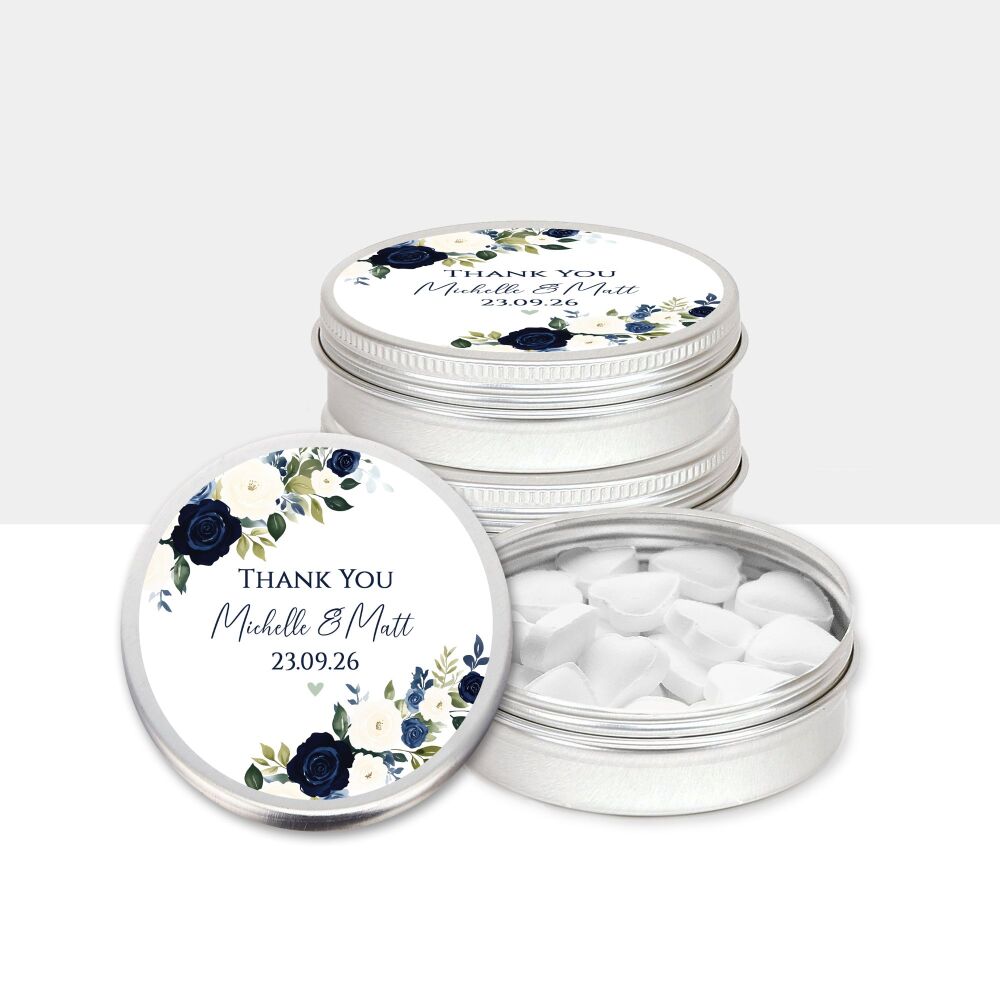 Personalised Wedding Favours Mint Tins Navy Ivory Flowers