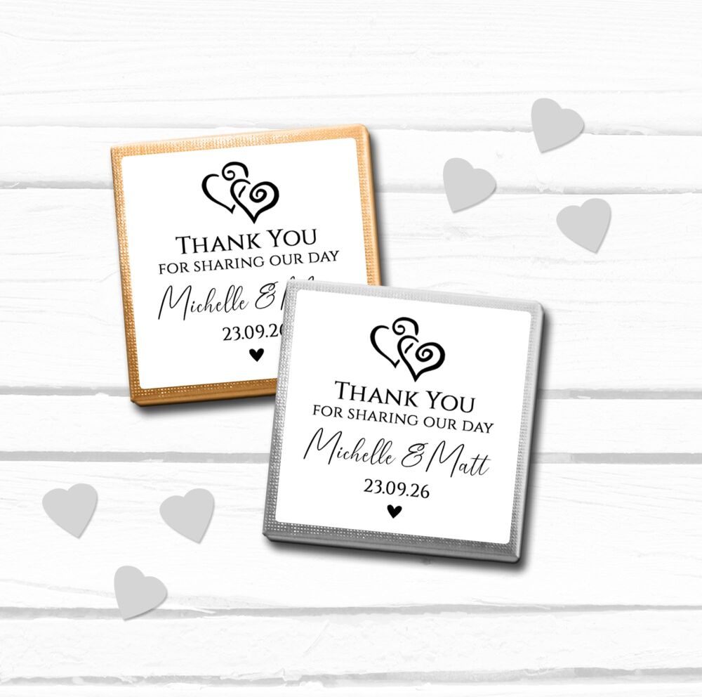 Personalised Wedding Chocolates Black and White Linked Hearts x10