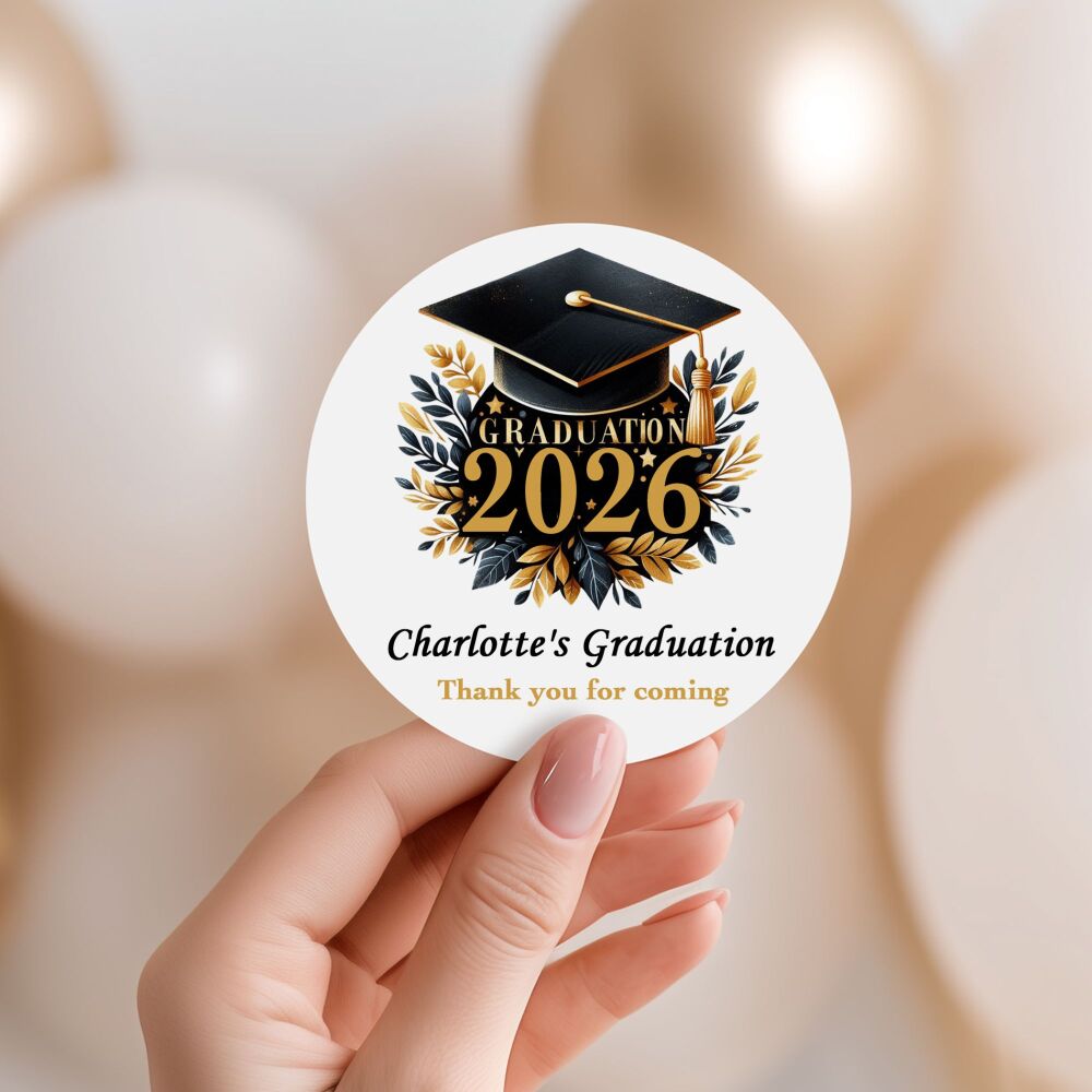 Personalised Graduation Stickers Doctoral Cap Gold Leaves