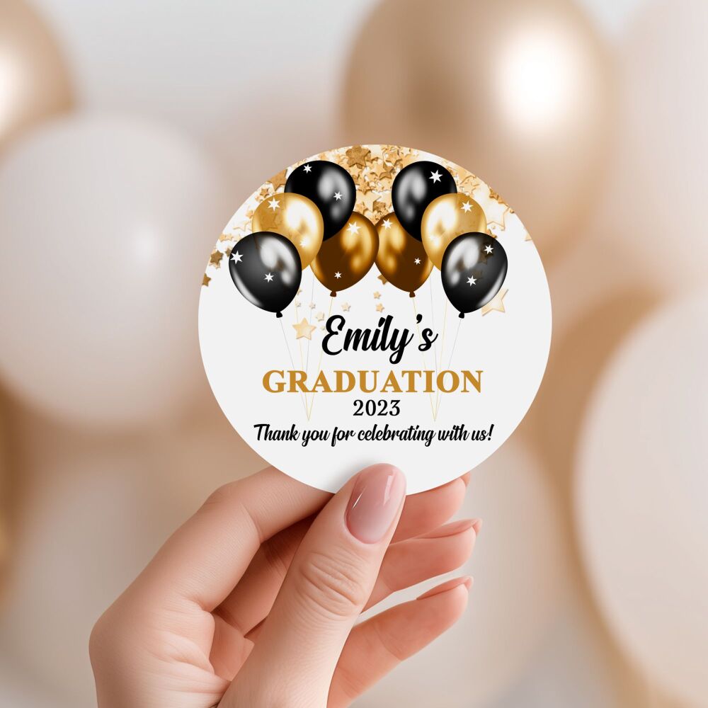 Personalised Stickers For Graduation Black and Gold Balloons