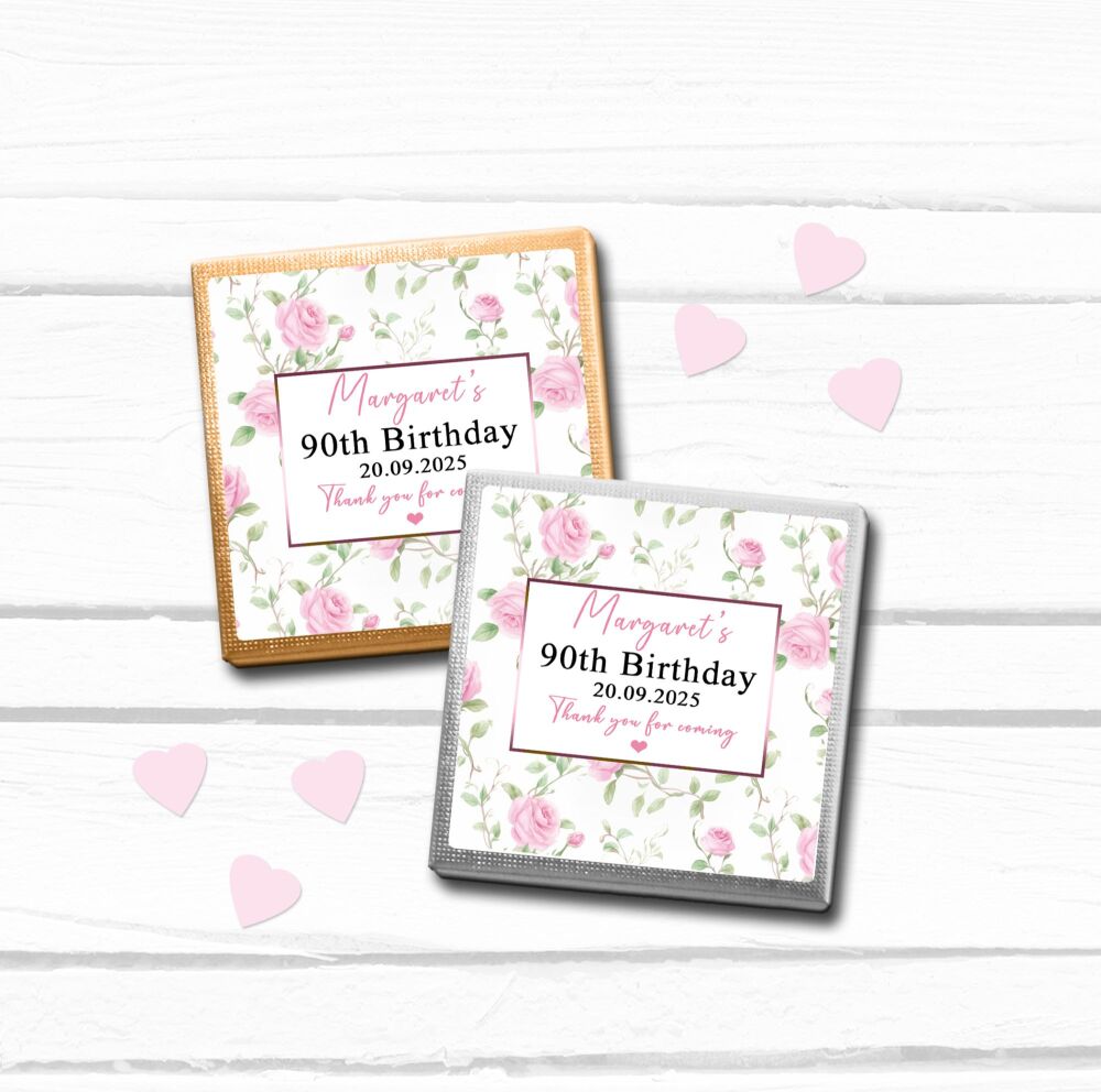 Pink Roses Branches Personalised Birthday Chocolates Favours x10