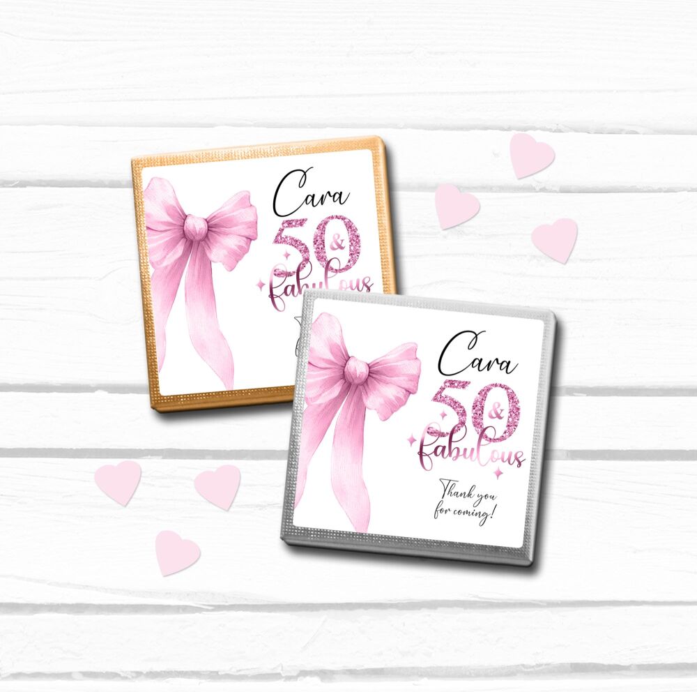 50 & Fabulous Pink Bow Personalised Birthday Chocolates x10