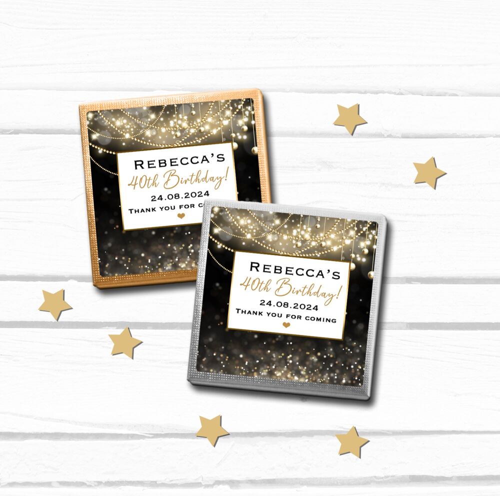 Personalised Chocolates Favours Gold Black Bokeh Lights x10
