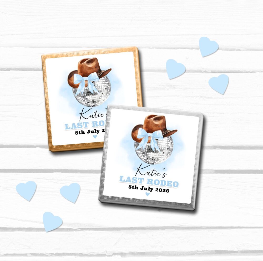 Cowgirl Disco Bow Hat Blue Personalised Hen Party Chocolates x10