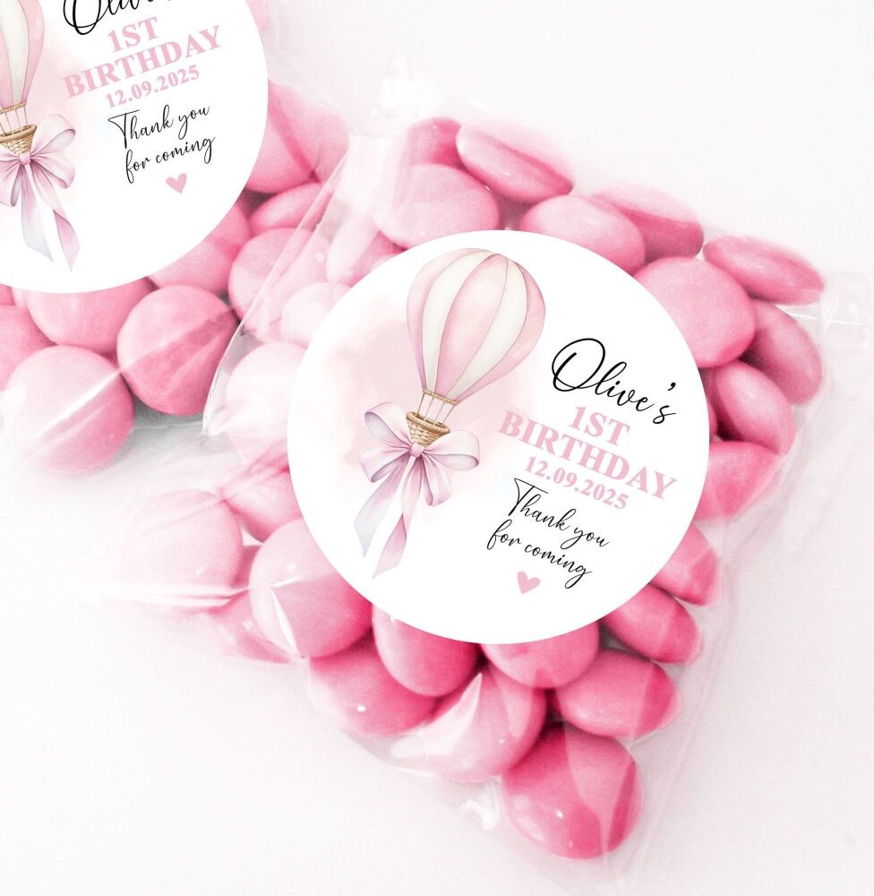 Pink Air balloon Bow Birthday Party Sweet Bags & Stickers Kits x12
