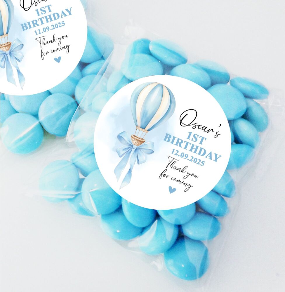 Blue Air balloon Bow Birthday Party Sweet Bags & Stickers Kits x12