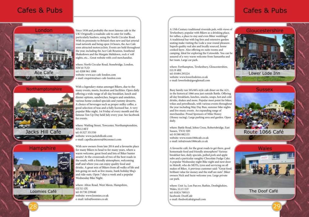 THE BIKER GUIDE - 5th edition, sample page, Cafes, Pubs