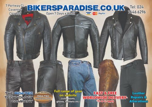Bikers Paradise, motorcycle clothing, leather, textile, repairs,
