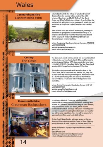 THE BIKER GUIDE - 8th edition, Biker Friendly Accommodation, Wales