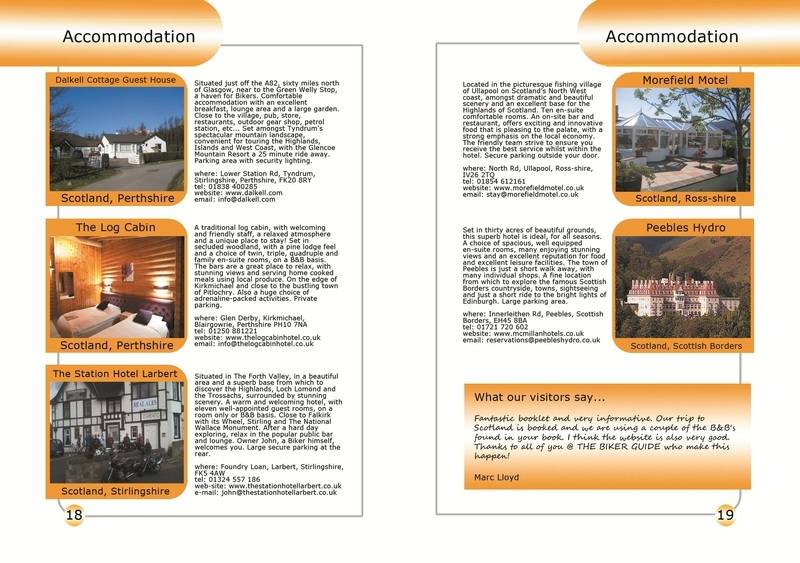 THE BIKER GUIDE - 2nd edition, booklet sample pages, accommodation scotland