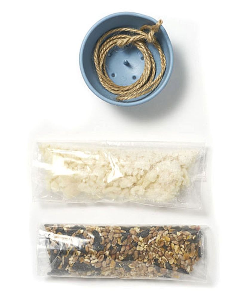 This Recycled Bird Cake Kit has been recycled from yoghurt pots!