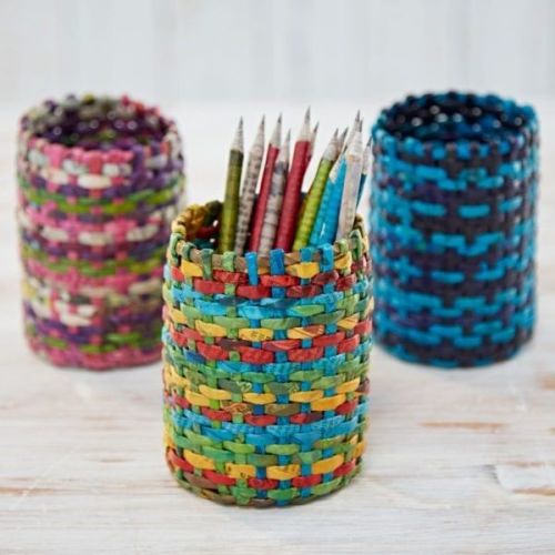 There are also these colourful pencil holders handcrafted from recycled newspaper