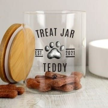 This Personalised Pet Treats Glass Jar with Bamboo Lid is available from Prezzybox