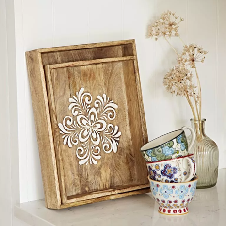 This Floral Carved Natural Mango Wood Tea Tray is avialable from Paper High