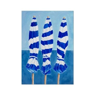 This picture of three Blue and White Striped Beach Umbrellas would add a lovely touch of colour to a room