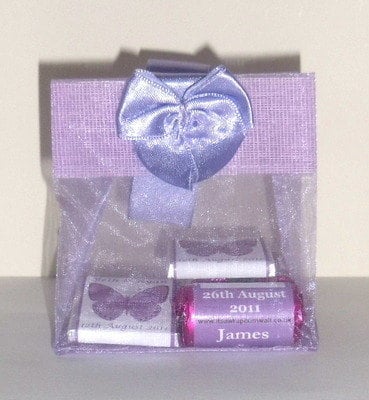 LAVENDER ORGANZA FILLED TOTE FAVOUR (mini chocs & love hearts inside with bubbles as optional extra)