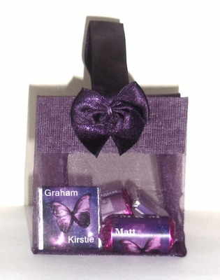 PURPLE ORGANZA FILLED TOTE FAVOUR (mini chocs & love hearts inside with bubbles as optional extra)