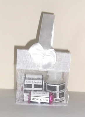 WHITE ORGANZA FILLED TOTE FAVOUR (mini chocs, mini love hearts & optional bubbles)