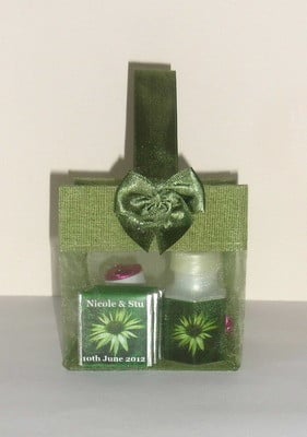 MOSS GREEN ORGANZA FILLED TOTE FAVOUR (mini chocs & love hearts inside and bubbles as optional extra)