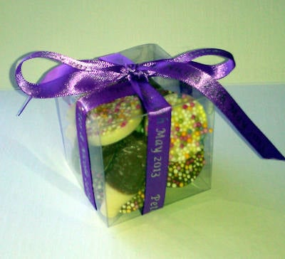 CUBE CHOC FAVOUR tied with purple personalised ribbon
