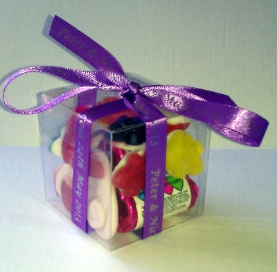 CUBE SWEETIE FAVOUR tied with purple personalised ribbon